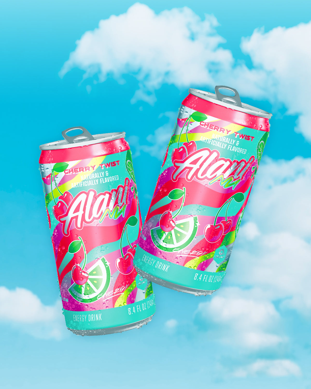 Two crisp Cherry Twist Mini Energy cans floating in front of a blue, cloudy sky. 