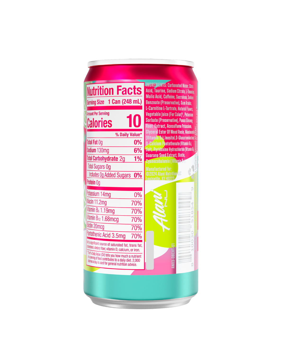 The back view of a 10-calorie Cherry Twist Mini Energy, highlighting nutrition facts and ingredients. 