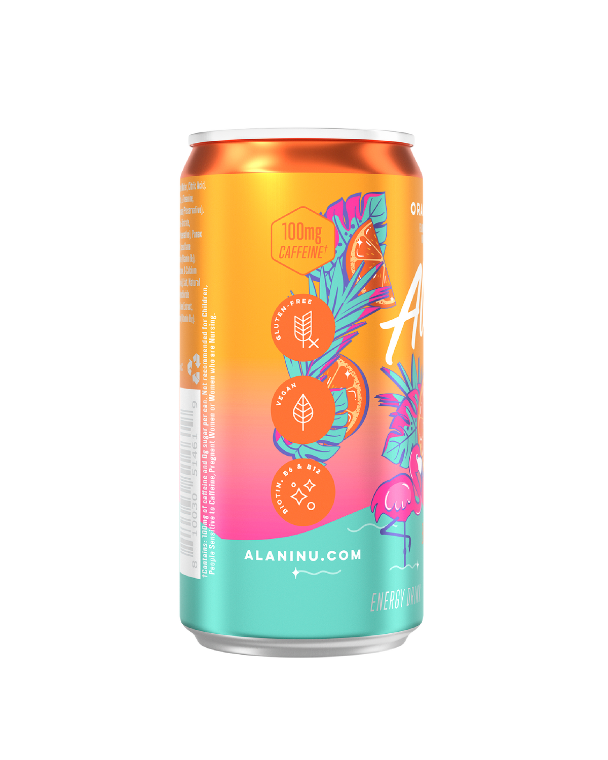 The side view of an Orange Kiss Mini Energy can, gluten-free, vegan, and made with B vitamins and 100mg of caffeine. 