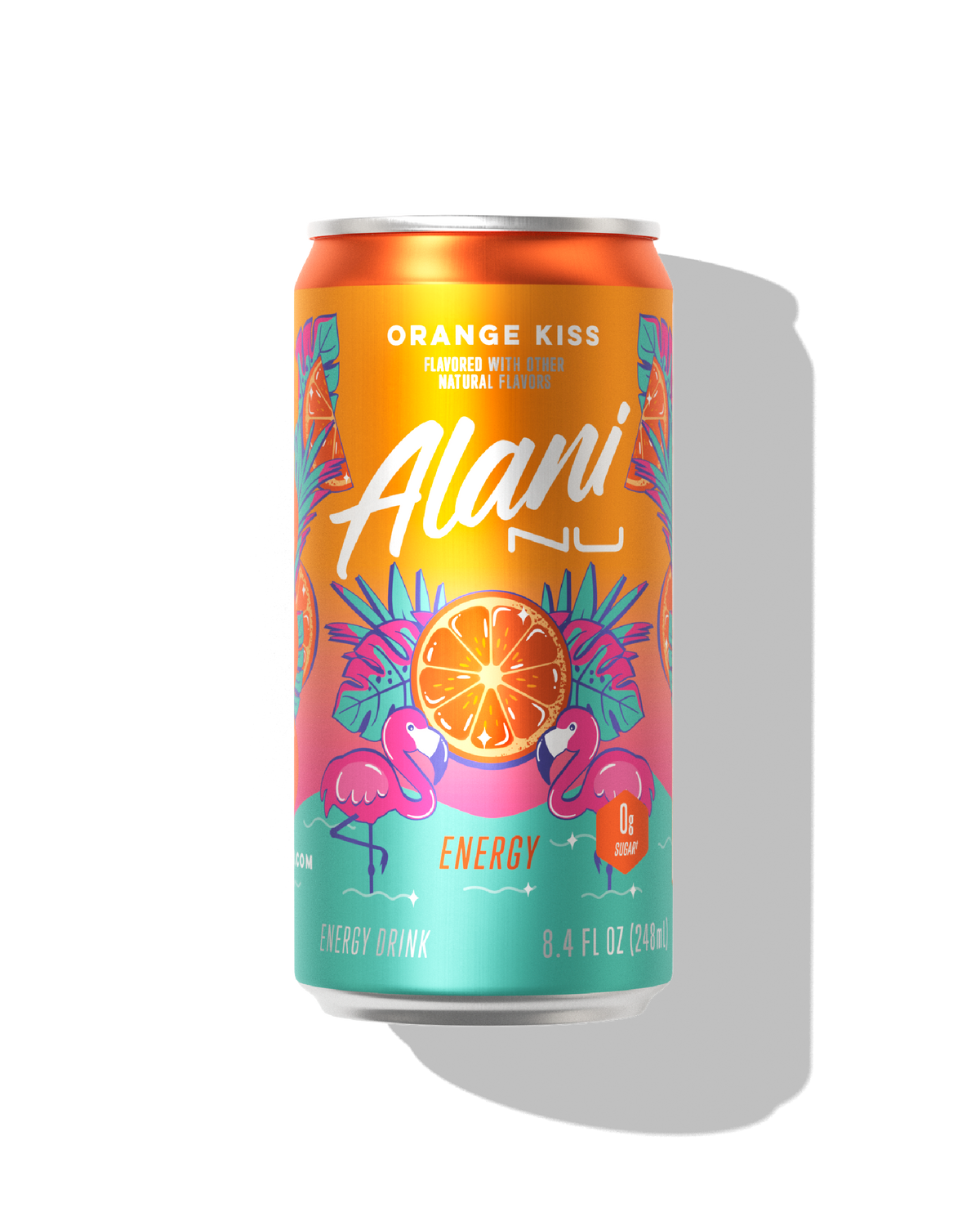 The front view of a sugar-free 8.4oz can of Orange Kiss Alani Nu Mini Energy, flavored with other natural flavors. 