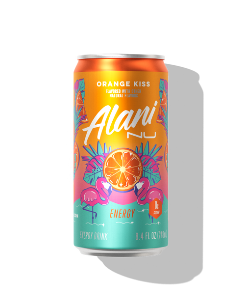 The front view of a sugar-free 8.4oz can of Orange Kiss Alani Nu Mini Energy, flavored with other natural flavors. 