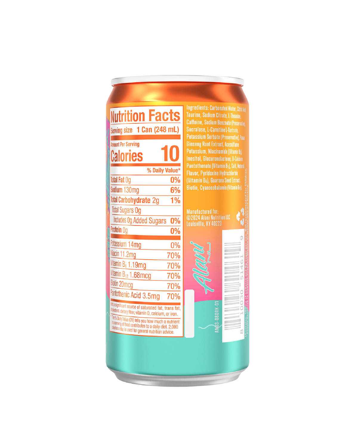 The back view of a 10-calorie Orange Kiss Mini Energy, highlighting nutrition facts and ingredients. 