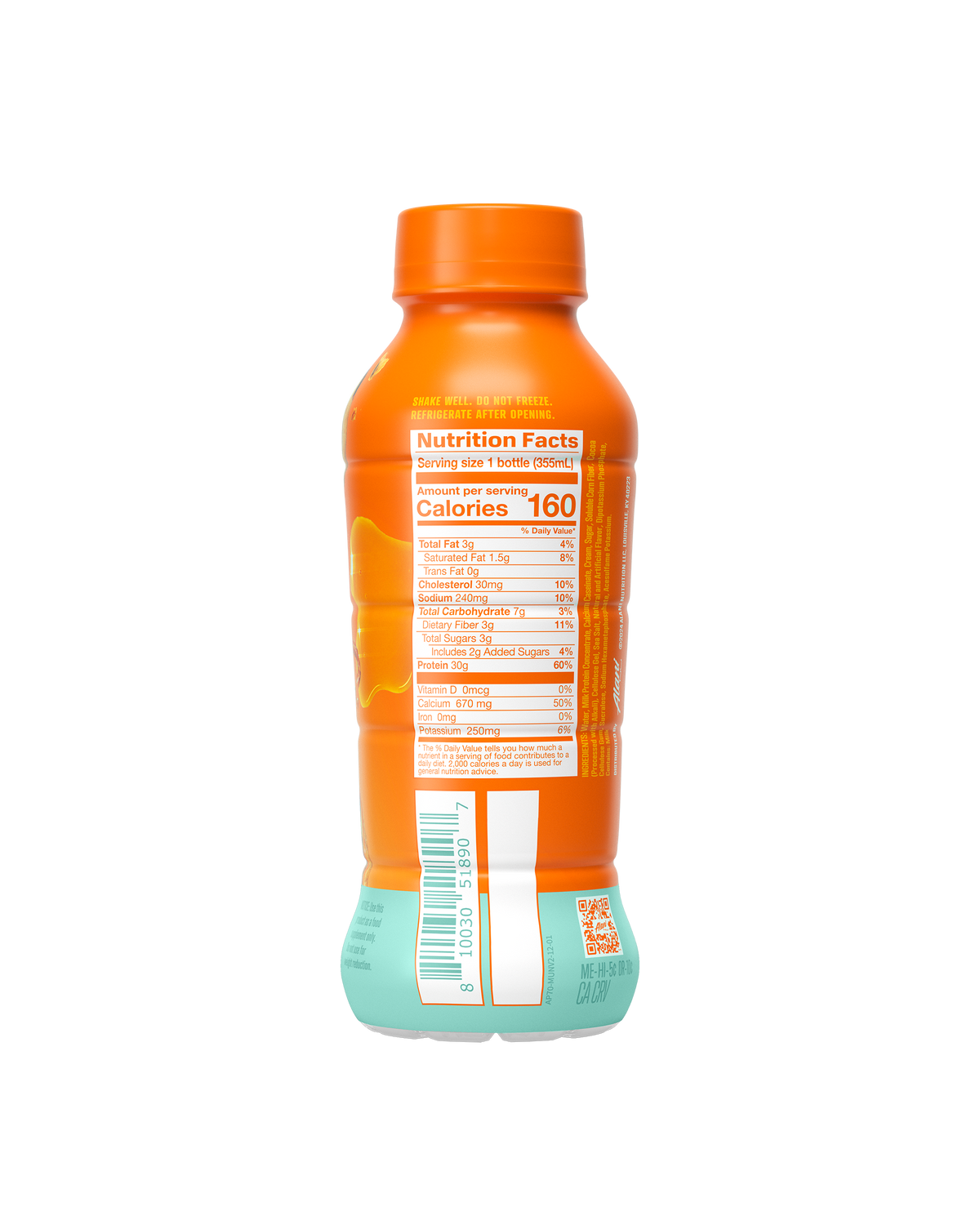 A side view of a Munchies Alani Protein Shake, featuring the Nutrition Facts and barcode. 