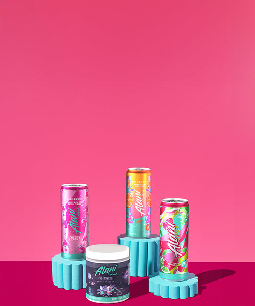 A display of four Alani Nu boosts—Pink Slush Pre-Workout and Energy Drinks in Pink Slush, Orange Kiss, and Cherry Twist. 