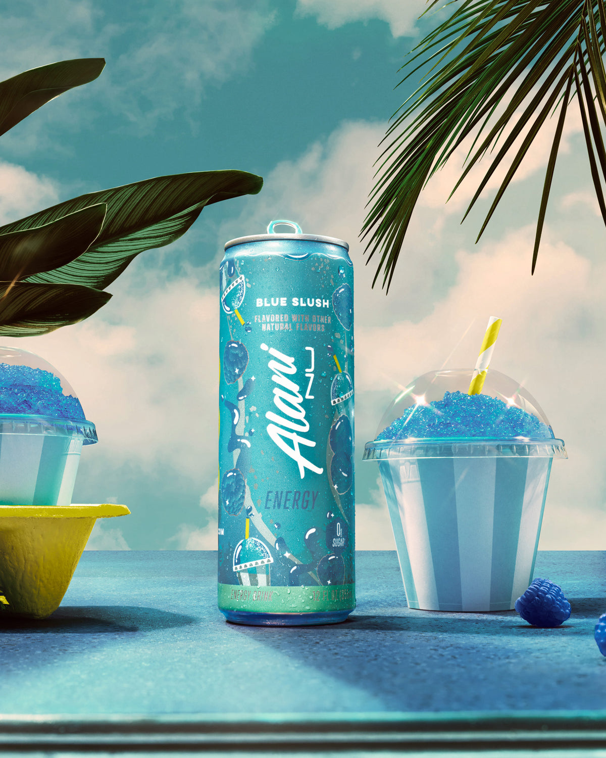 Two crisp cans of Blue Slush Energy floating midair alongside two blue raspberry slushie cups. 