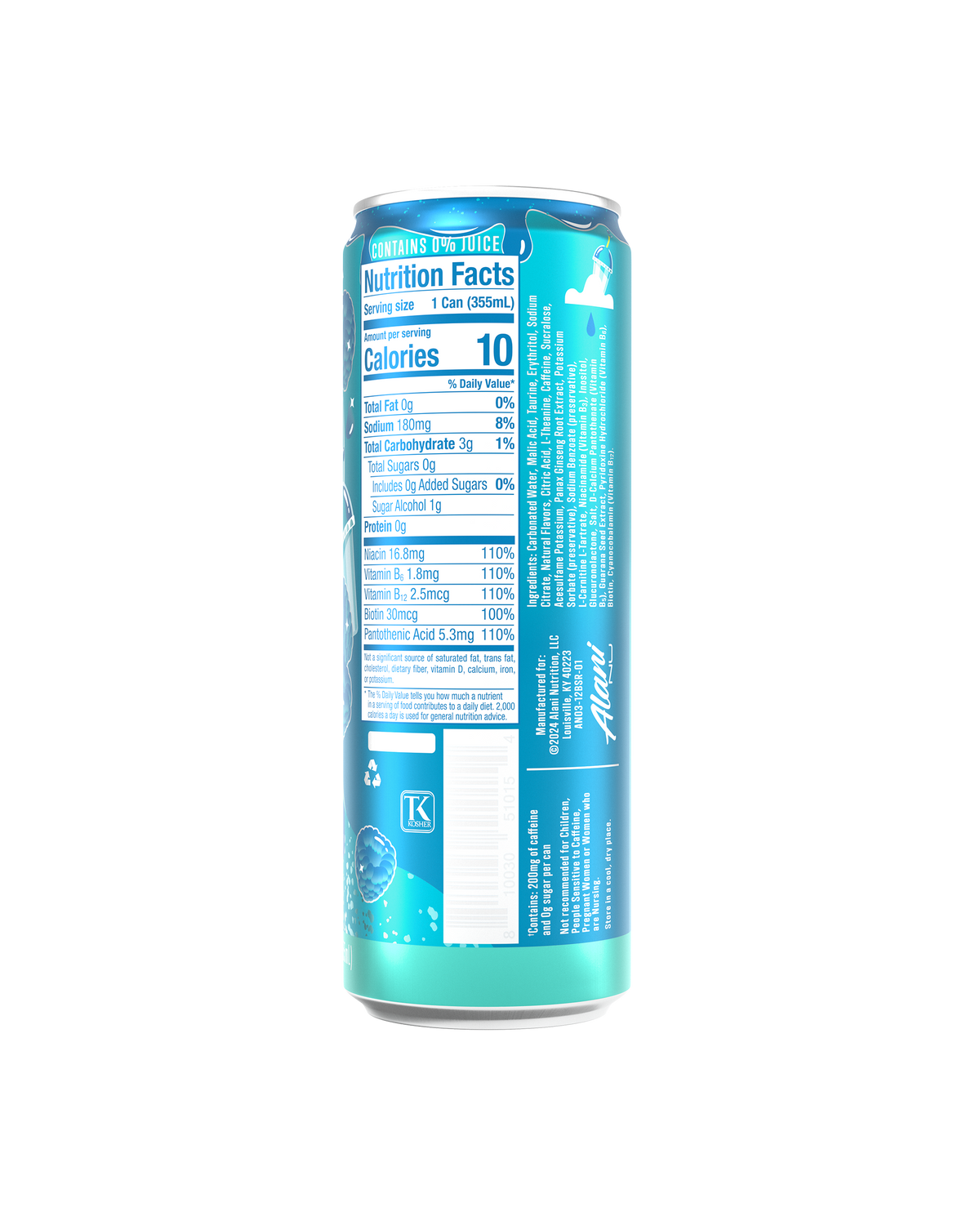 The back view of a 10-calorie Blue Slush Energy Drink, highlighting nutrition facts and ingredients. 