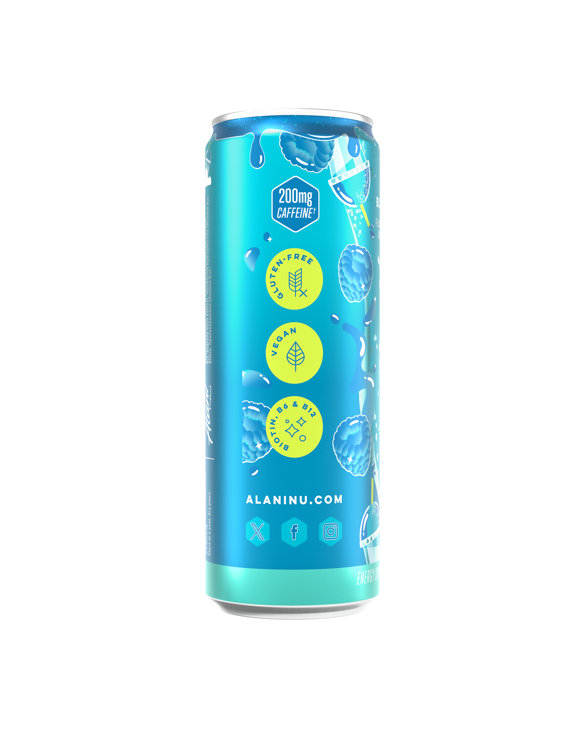 The side view of a Blue Slush Energy Drink, gluten-free, vegan, and made with B vitamins and 200mg of caffeine. 