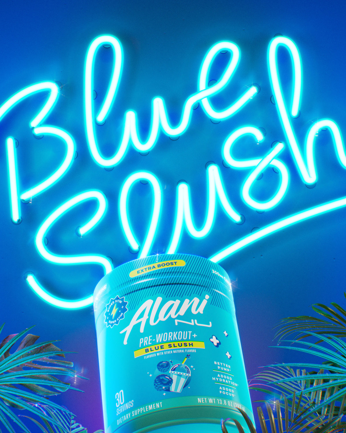 A tub of Alani Nu’s super-stim Blue Slush Pre-Workout+ framed by tropical foliage and a glowing neon sign that reads, “Blue Slush.” 