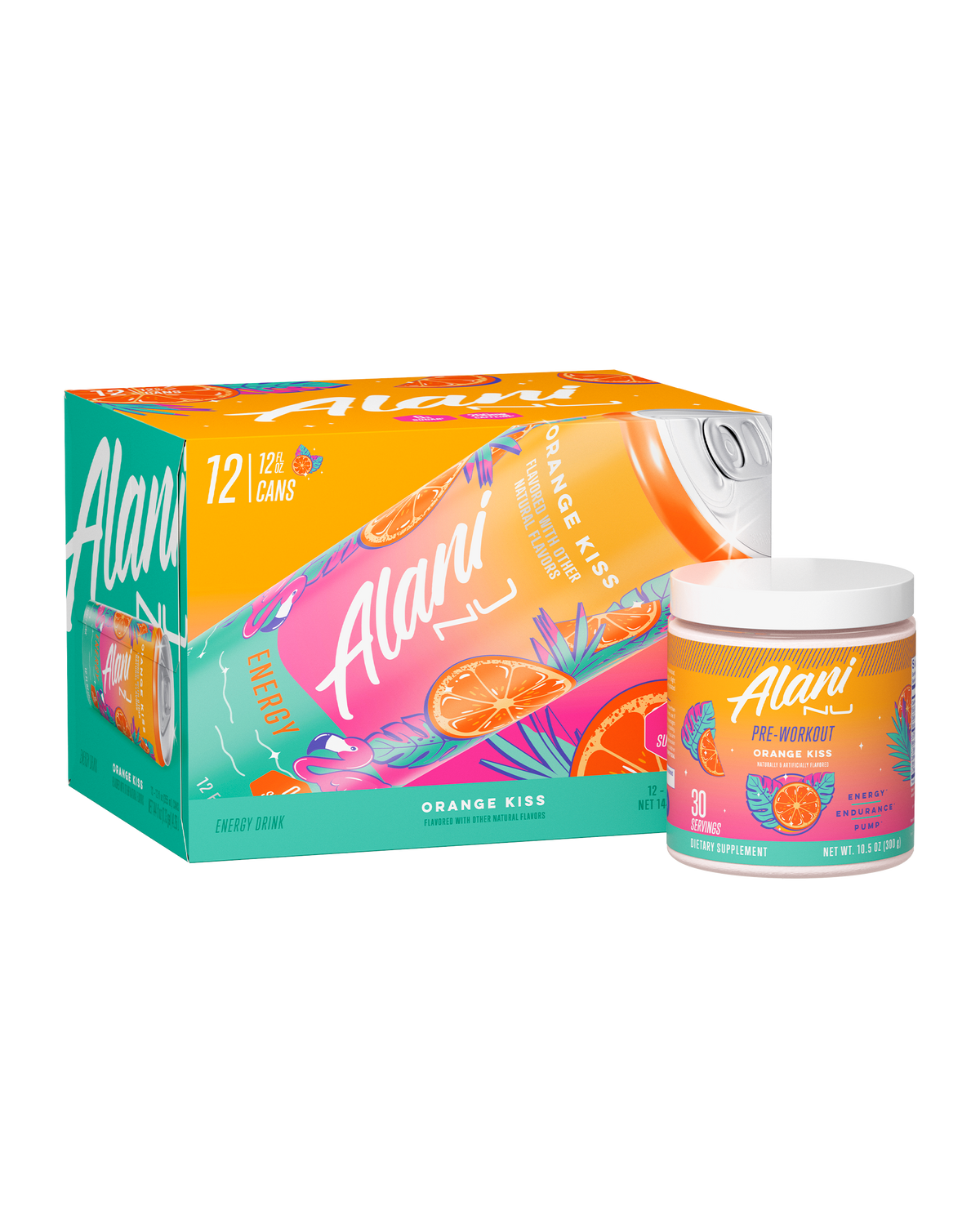 The front view of an Alani Nu Orange Kiss Energy Drink can and Pre-Workout tub. 