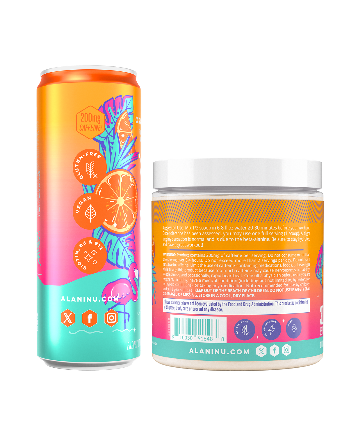 The side view of an Alani Nu Orange Kiss Energy Drink can and Pre-Workout tub. 