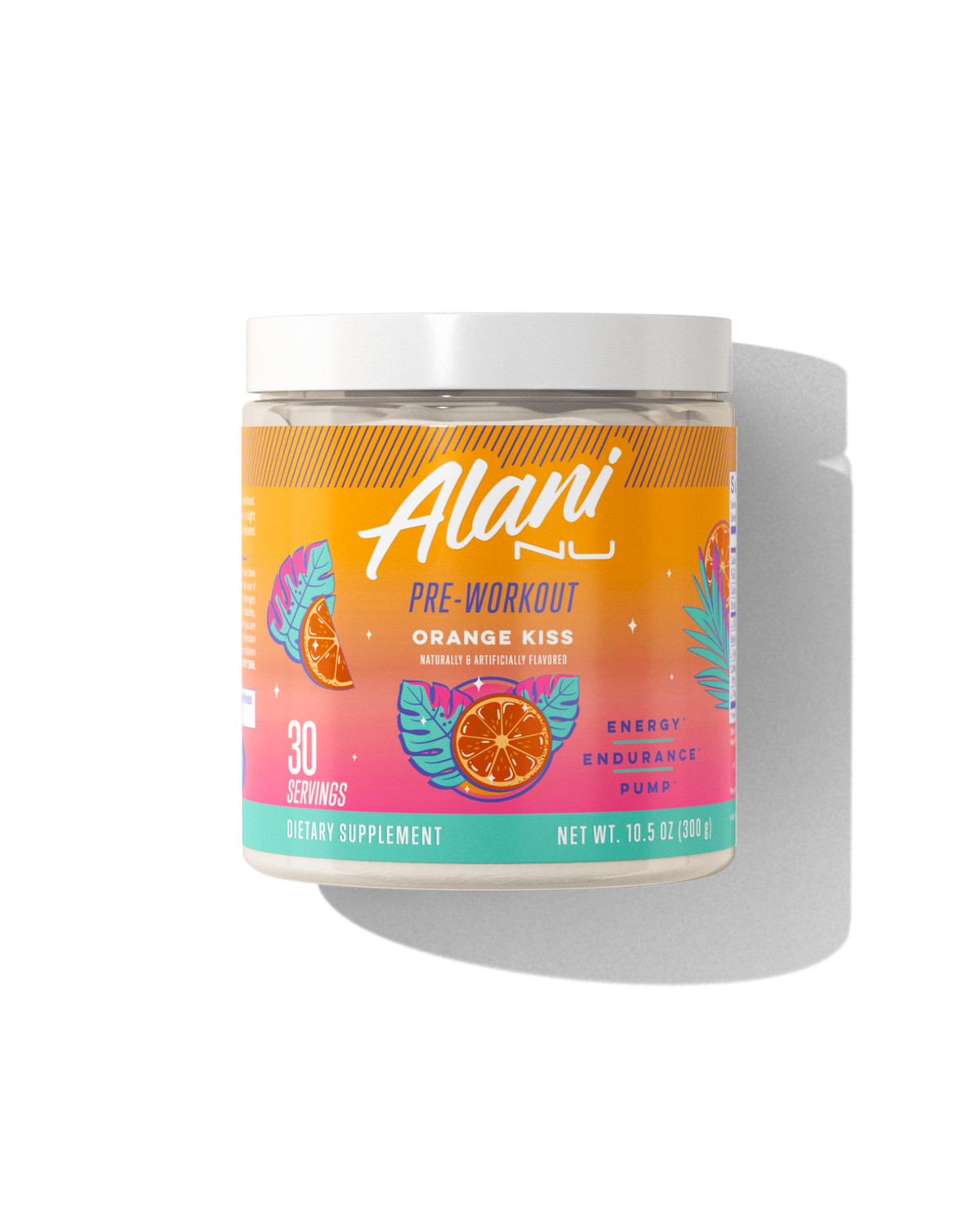 The front view of an Alani Nu Orange Kiss Pre-Workout tub, made for endurance and pump. 