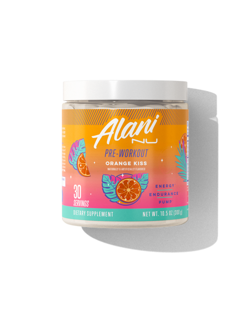 The front view of an Alani Nu Orange Kiss Pre-Workout tub, made for endurance and pump. 