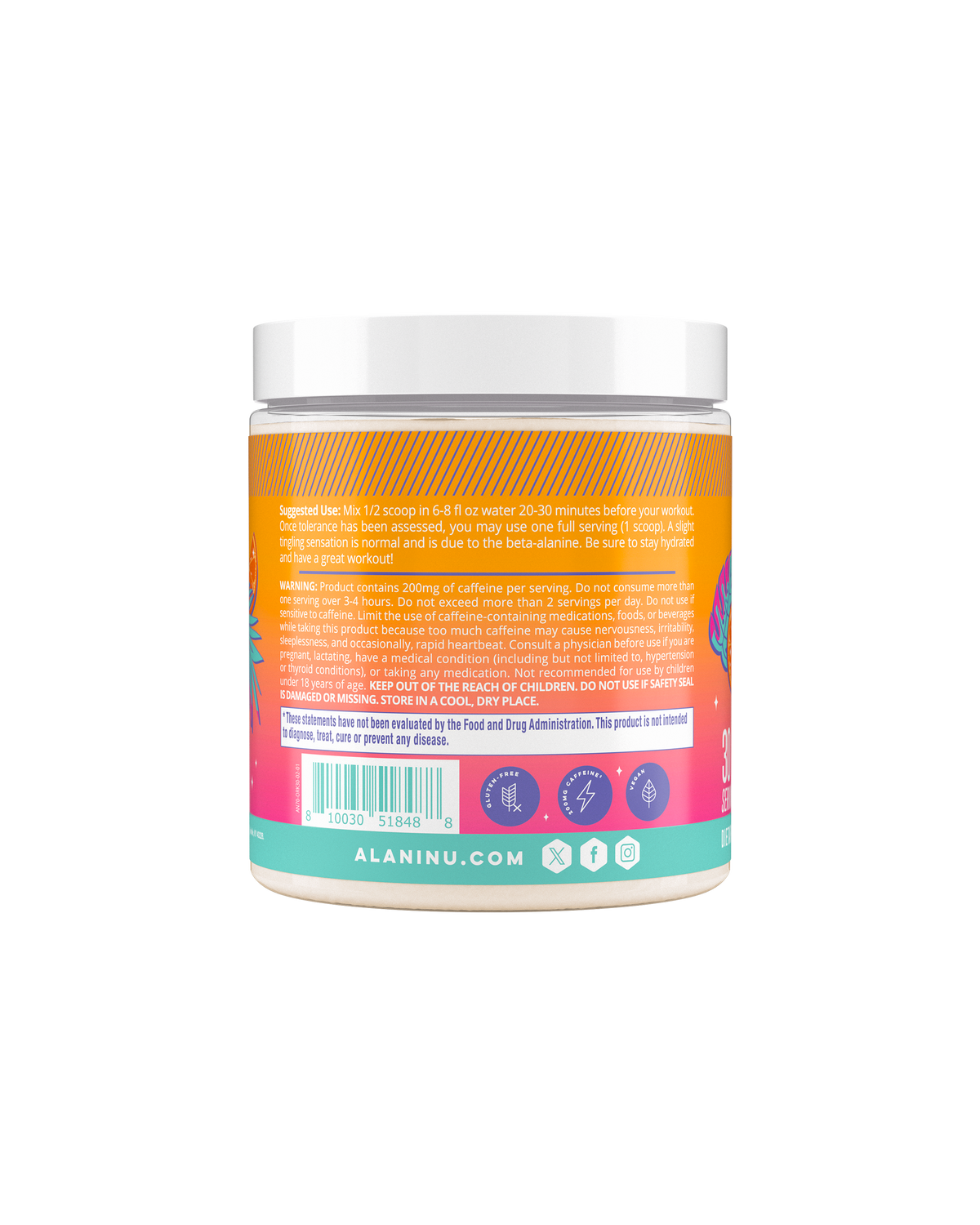 The side view of an Alani Nu Orange Kiss Pre-Workout tub, suggested use.