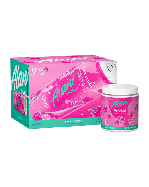 The front view of an Alani Nu Pink Slush Energy Drink can and Pre-		Workout tub.  