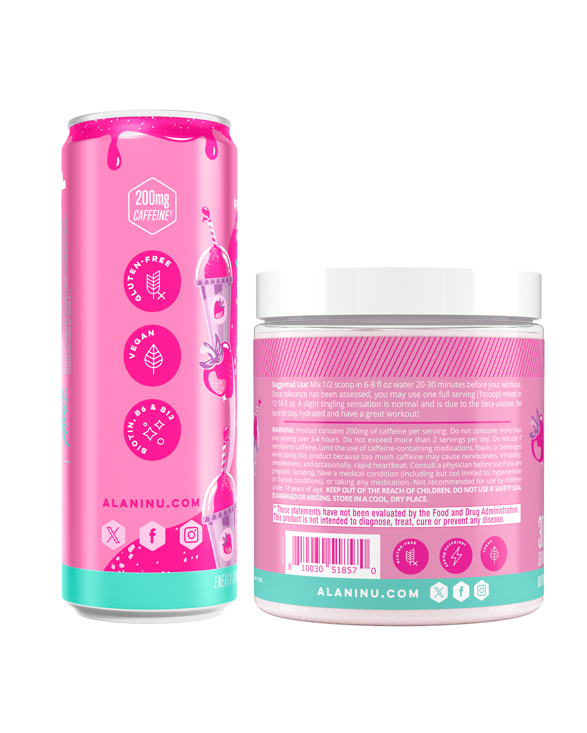 The side view of an Alani Nu Pink Slush Energy Drink can and Pre-	Workout tub 