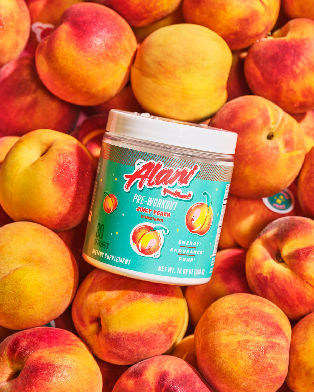 Pre-Workout - Juicy Peach on top of a pile of Peaches. 