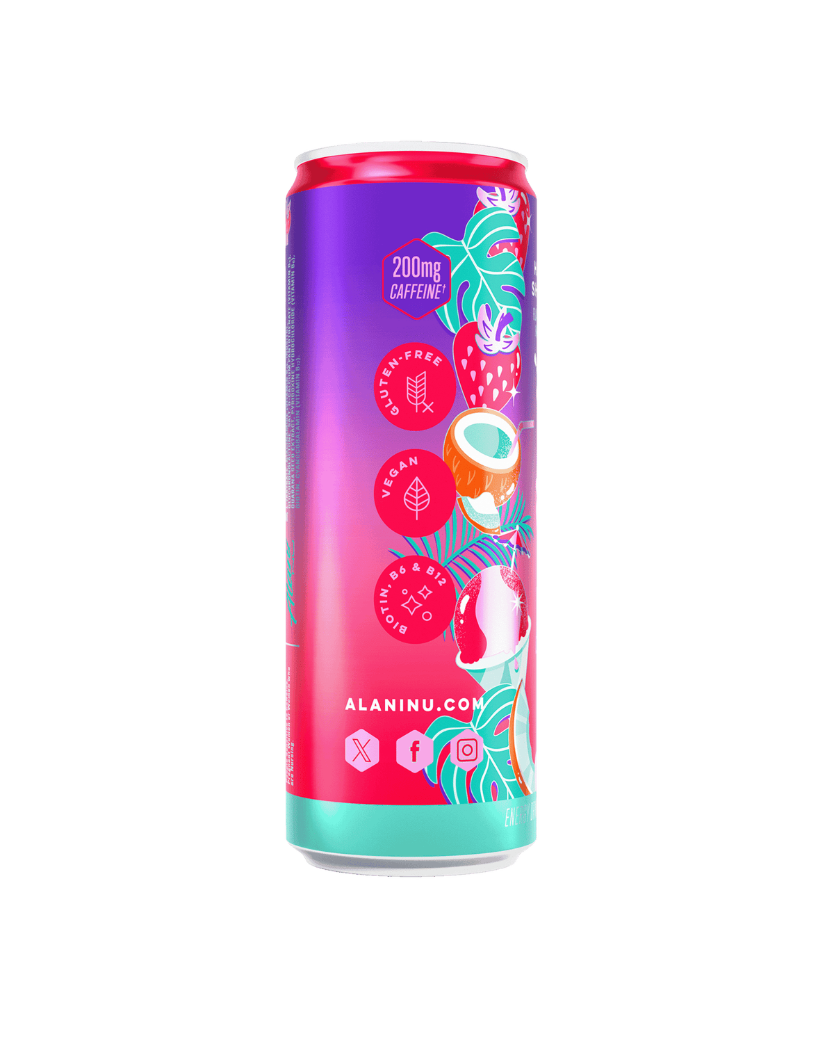 The side view of an Alani Nu Hawaiian Shaved Ice Energy Drink can, showcasing product details. ​ 