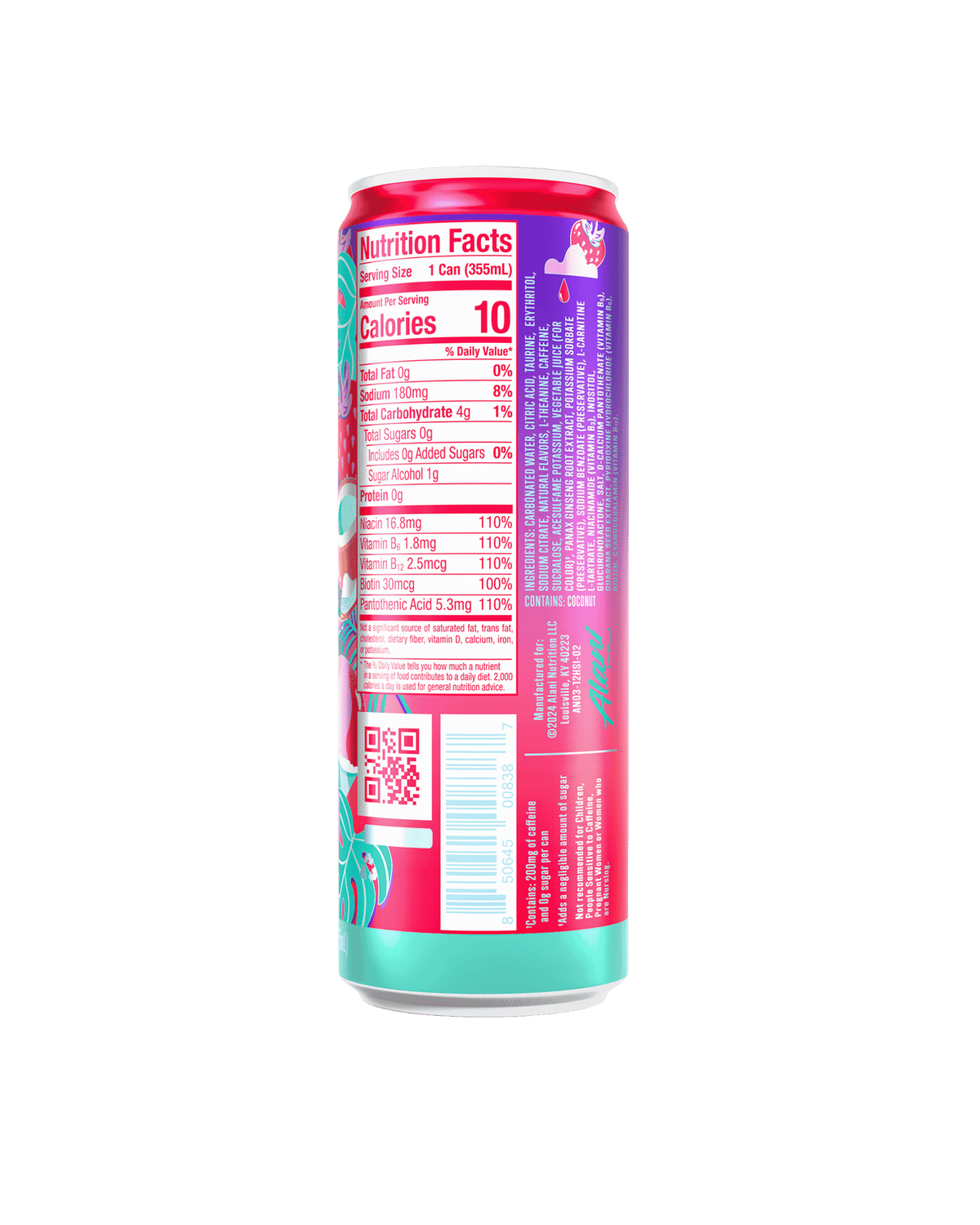 The back view of an Alani Nu Hawaiian Shaved Ice Energy Drink can, highlighting nutrition facts.​ 