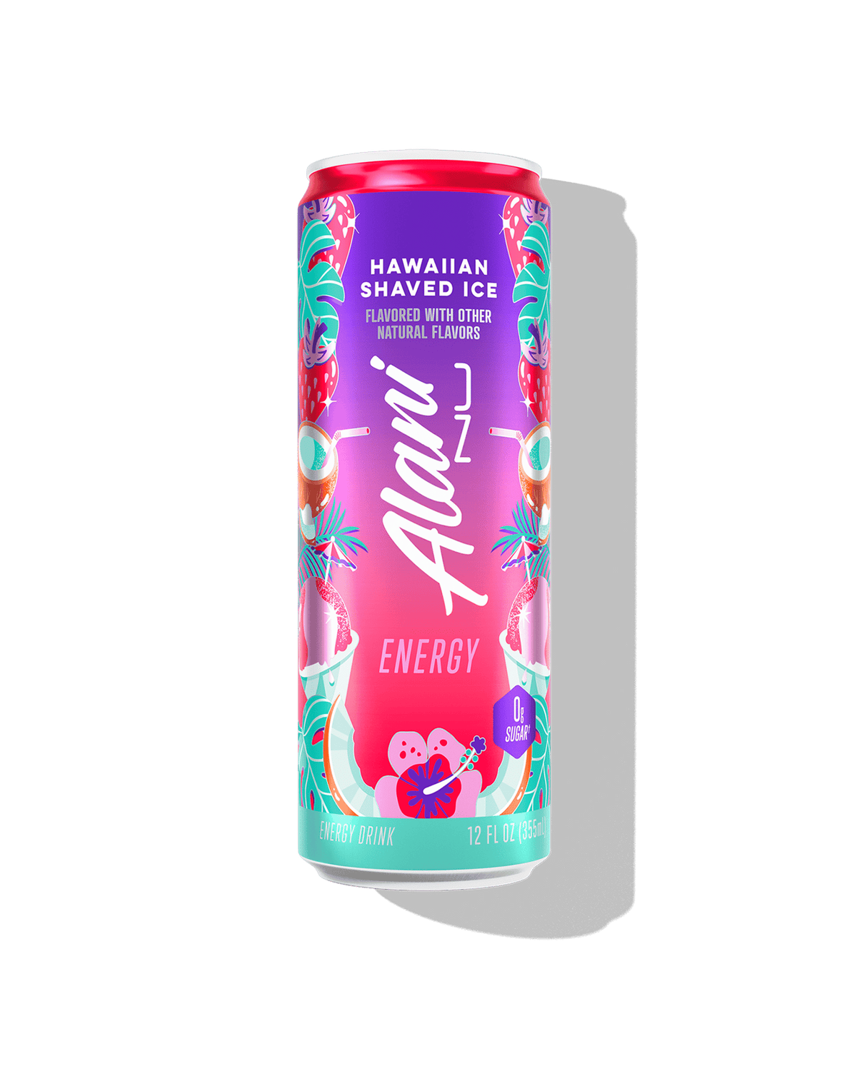 The front view of an Alani Nu Hawaiian Shaved Ice Energy Drink can, made with zero sugar.​ 