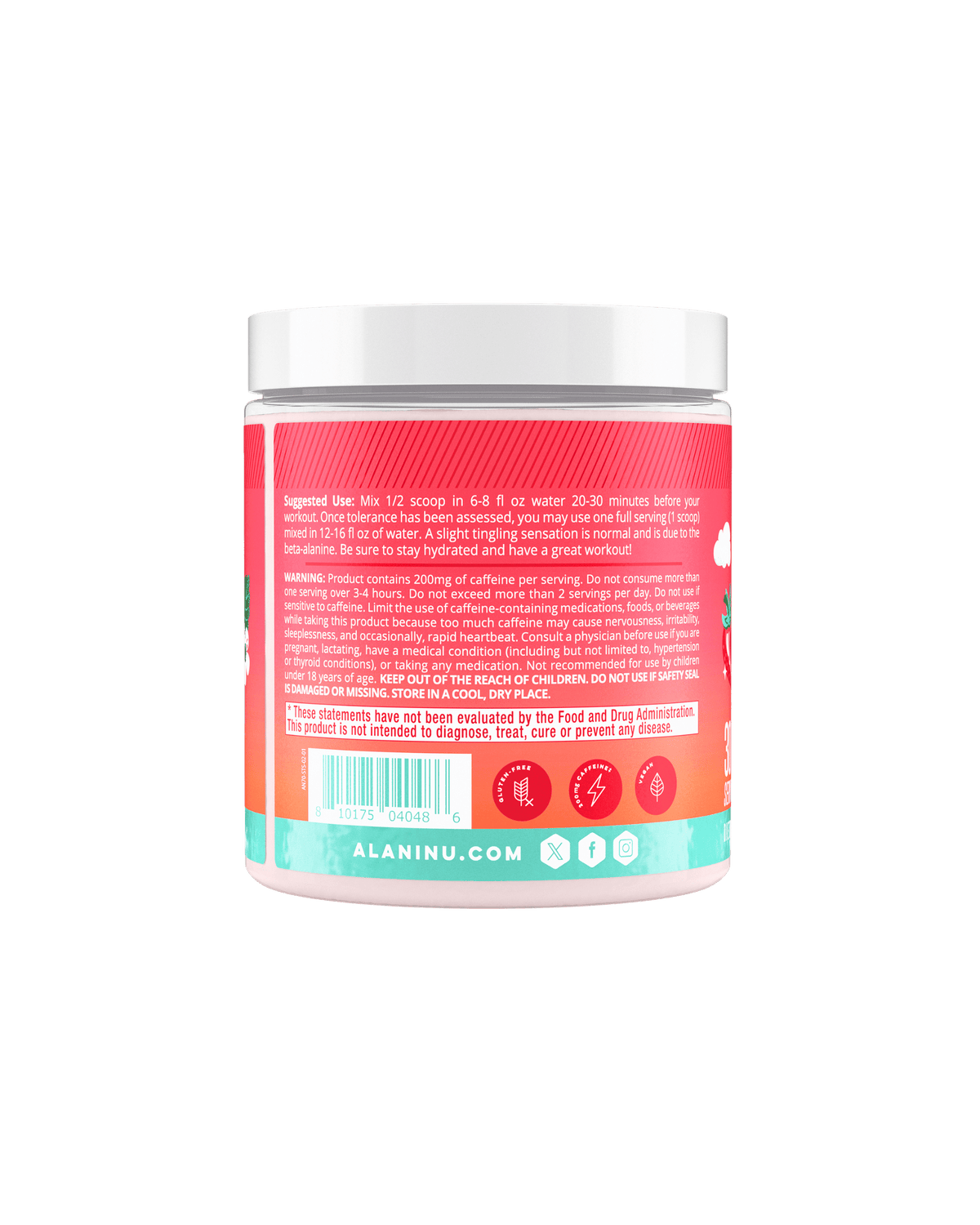 The side view of a Strawberry Sunrise Pre-Workout tub, gluten-free, vegan, and made with 200mg of caffeine. Suggested-use directions shown. 