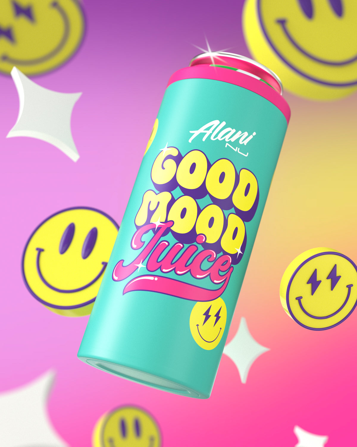 A Cherry Twist Alanu Energy in a Good Mood Juice Slim Can Chiller. They float midair surrounded by white sparkles and energized smiley faces. 