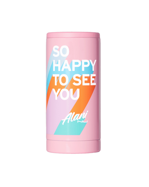 A Polar Pink Slim Can Chiller from Alani Nu features colorful diagonal stripes and the text "So Happy To See You.