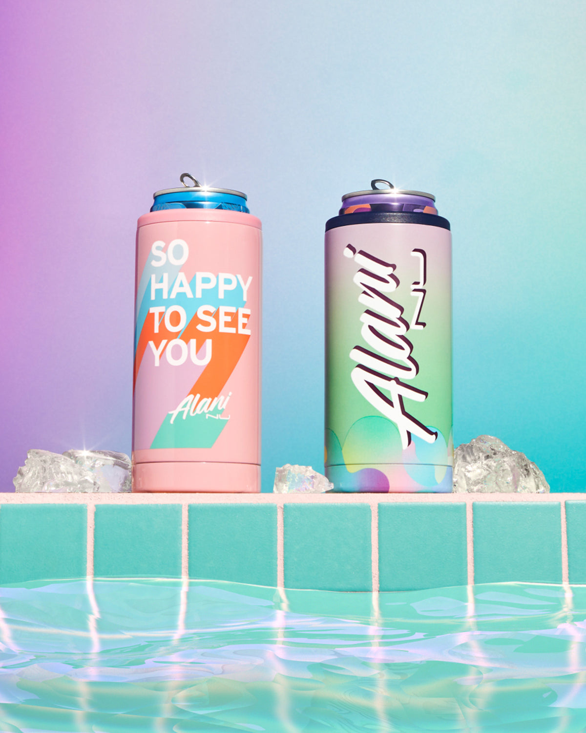 Two vibrant Alani Nu Slim Can Chillers on a reflective surface with ice cubes: the left chiller is Polar Pink with &quot;So Happy To See You&quot; text, and the right has &quot;Alani&quot; text. The backdrop is pastel.