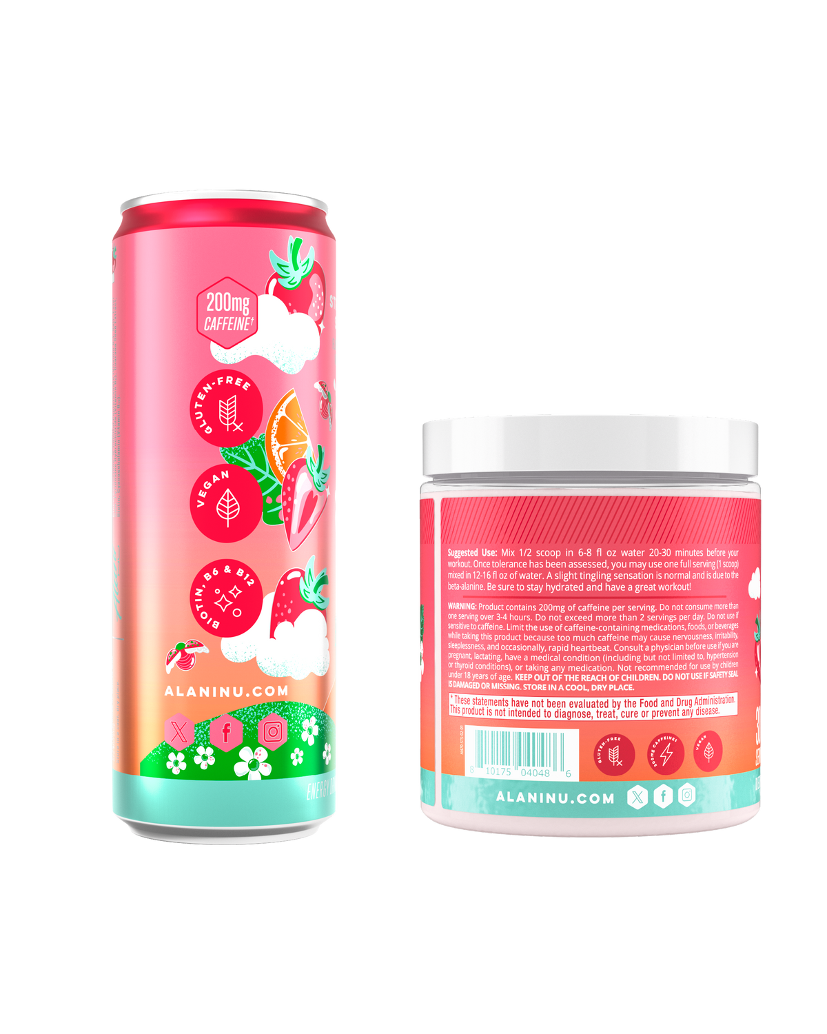 The side views of two limited-edition Strawberry Sunrise products— an Energy Drink 12-Pack and a 30-Serve Pre-Workout. 