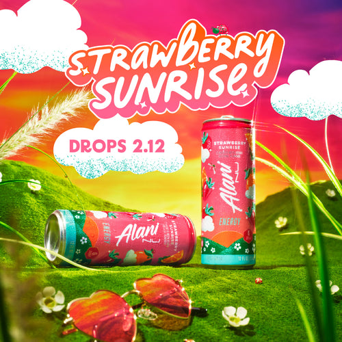 An orange and two sugar-free Strawberry Sunrise Energy cans garnished with a strawberry slice on a red shelf. Text reads, "Golden-Hour Energy; Fresh New Flavor; Shop the Drop."  