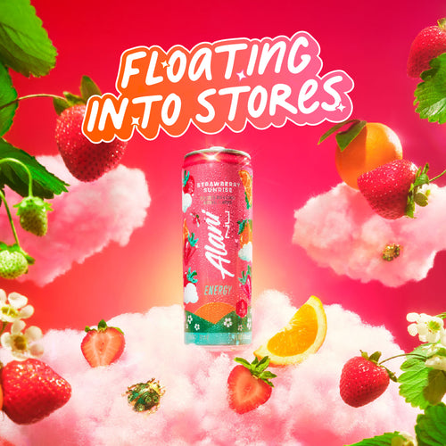 A Strawberry Sunrise Energy Drink floating on a cloud with strawberry slices and plants, oranges, and ladybugs. Text reads, "Floating into Stores; Markets Near Me.”  