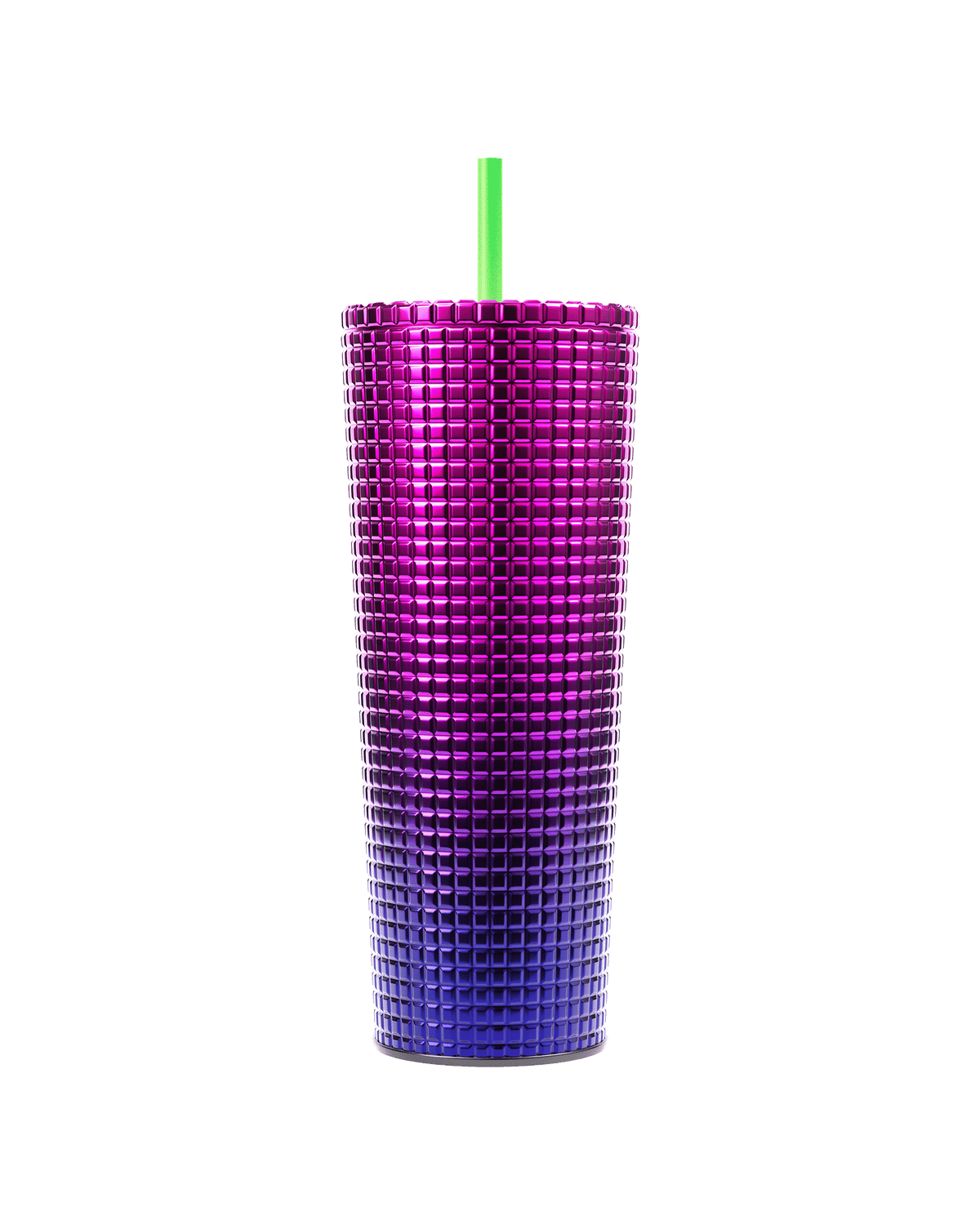 The back view of a limited-edition Witch&#39;s Brew Studded Tumbler featuring a metallic finish and a green reusable straw. 