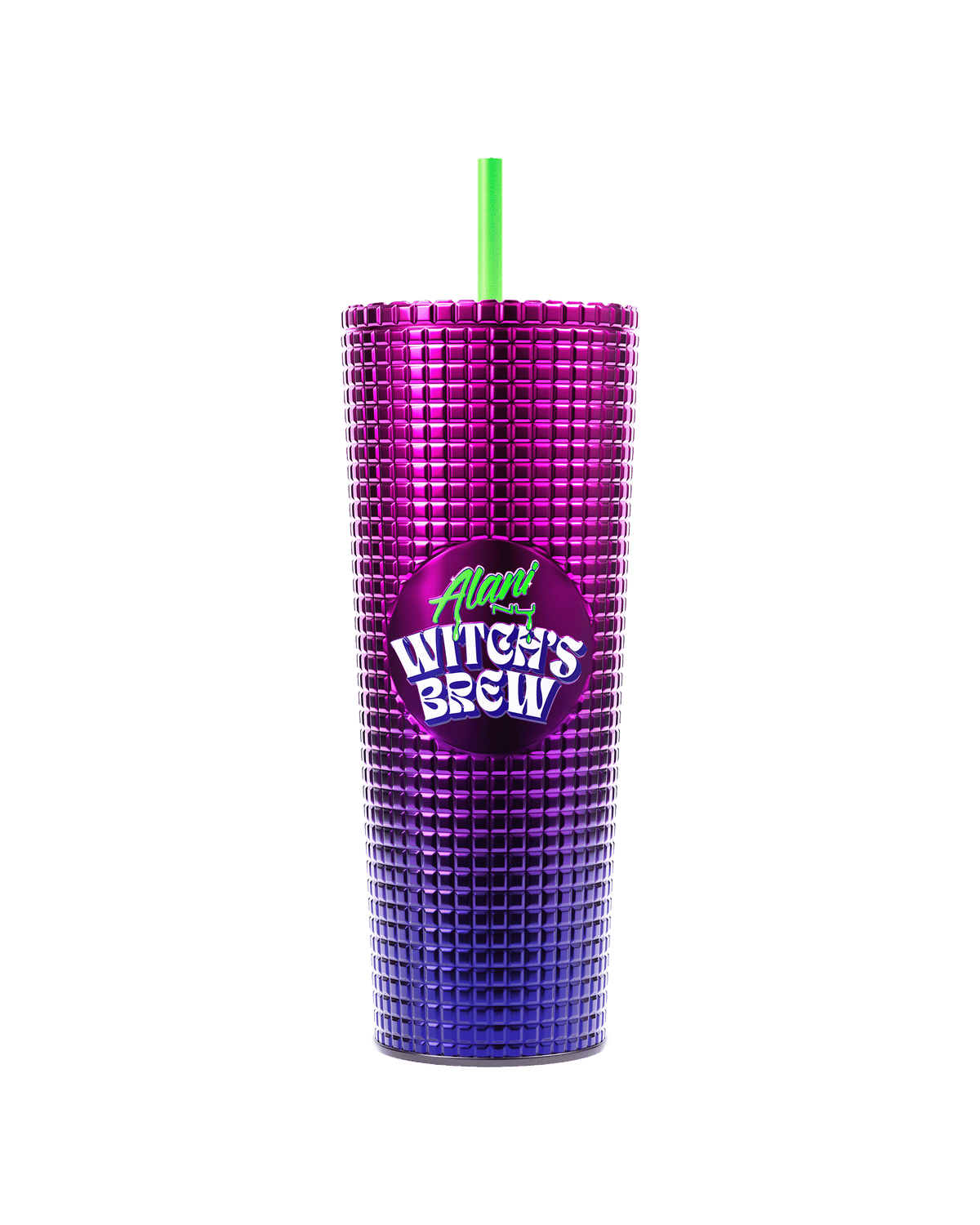 The front view of a limited-edition Witch's Brew Studded Tumbler featuring a metallic finish and a green reusable straw. 