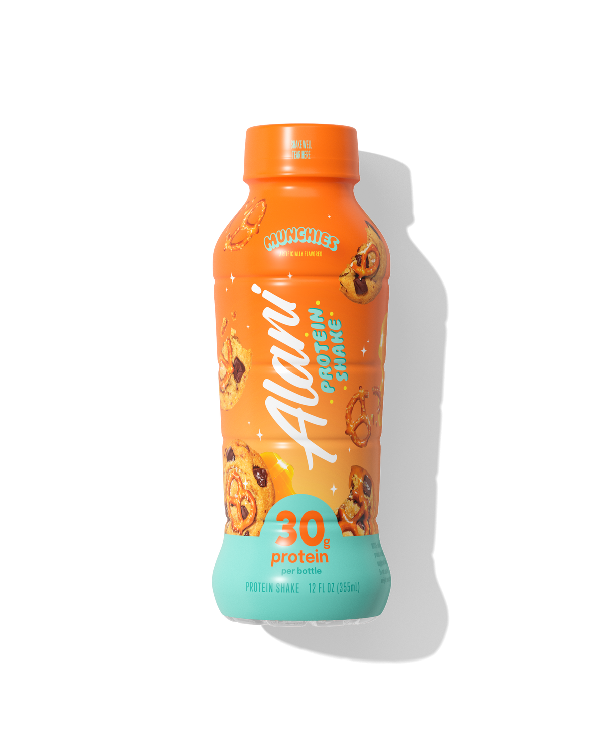 A singular ready-to-drink Munchies Alani Protein Shake with purple and tan packaging featuring flavor notes of caramel chunks, cookies, and pretzels.