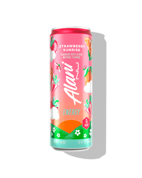 The front view of a sugar-free 12oz can of Strawberry Sunrise Alani Nu Energy, flavored with other natural flavors. 