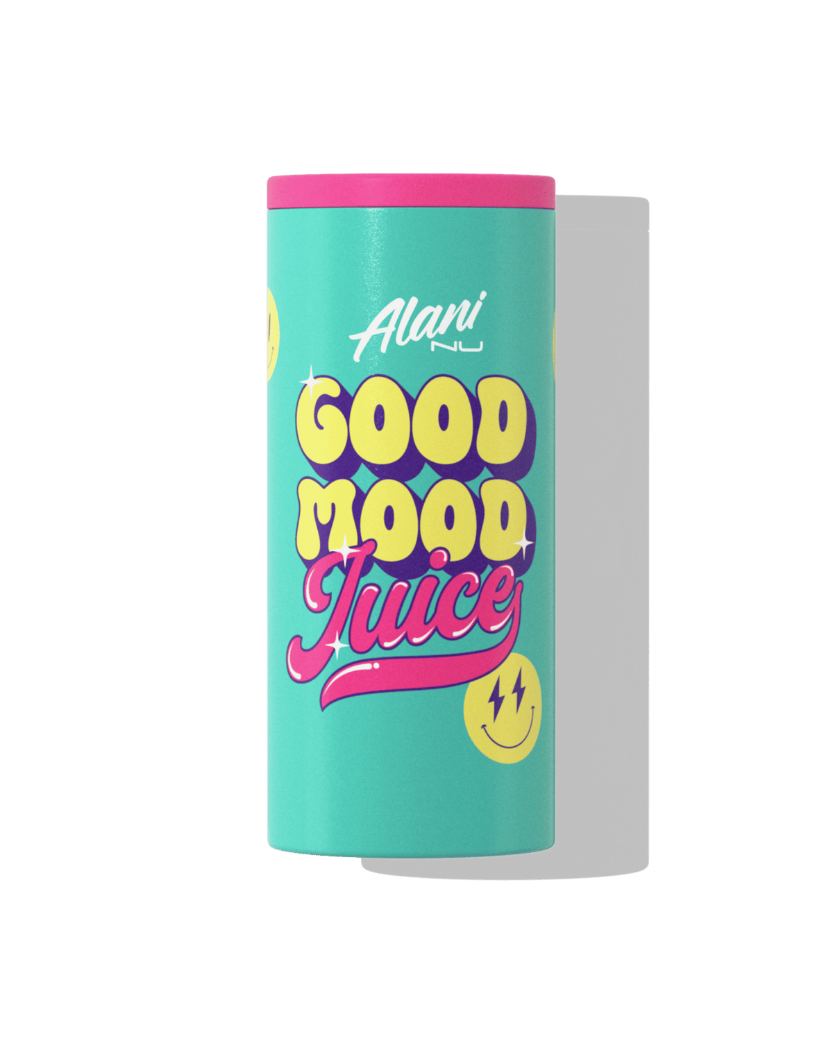 The front view of a seafoam green Slim Can Chiller with a hot pink gasket. Its retro-inspired design features the text “Good Mood Juice” and smiley faces. 