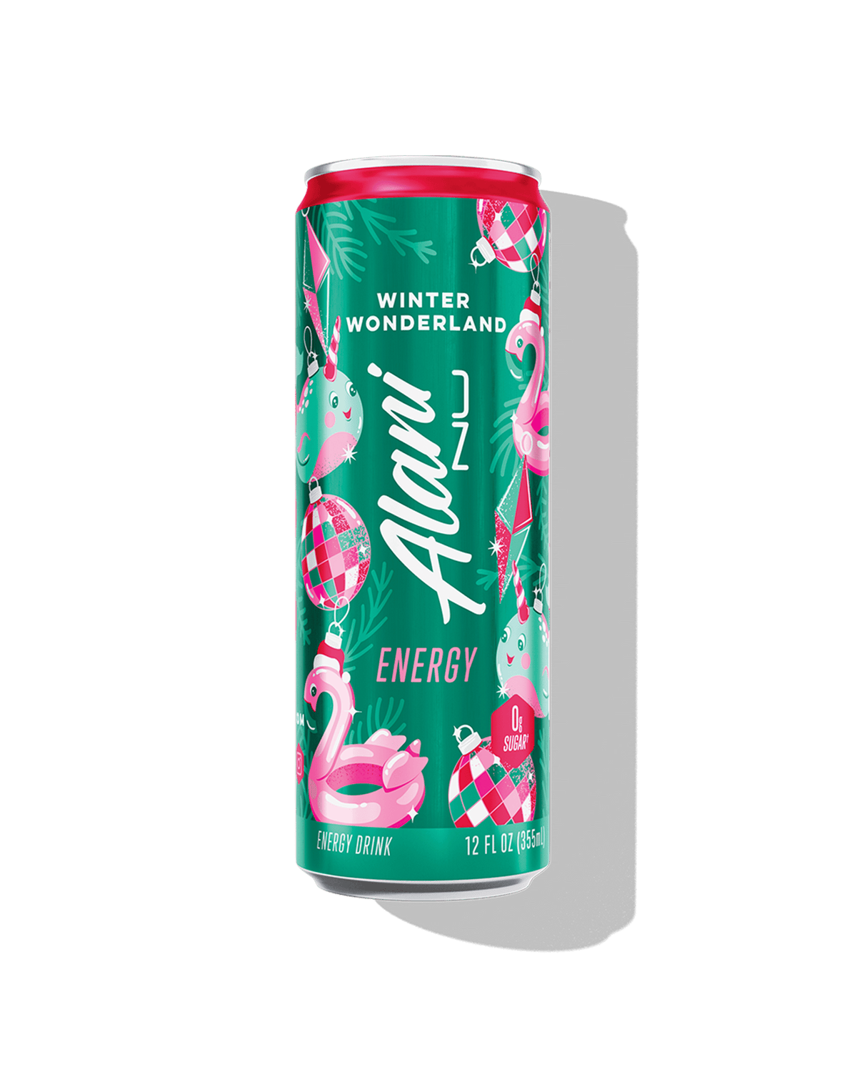 The front view of an Alani Nu Winter Wonderland Energy Drink can, made with zero sugar.  