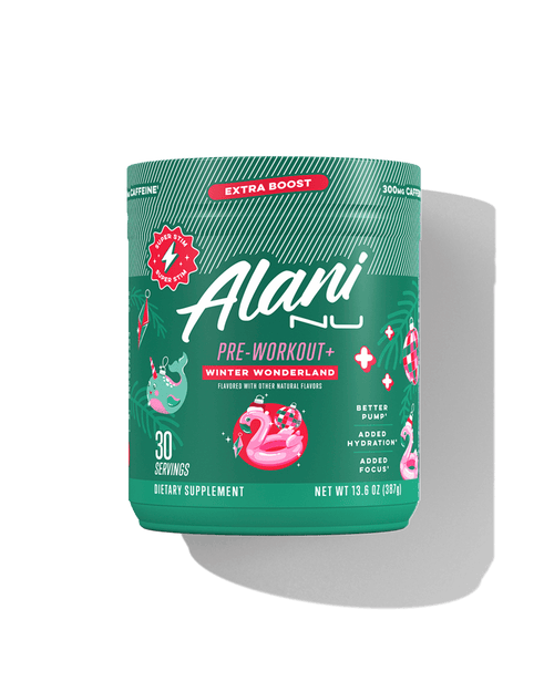 The front view of an Alani Nu Winter Wonderland PWO+ tub, packed with 300mg of caffeine.  