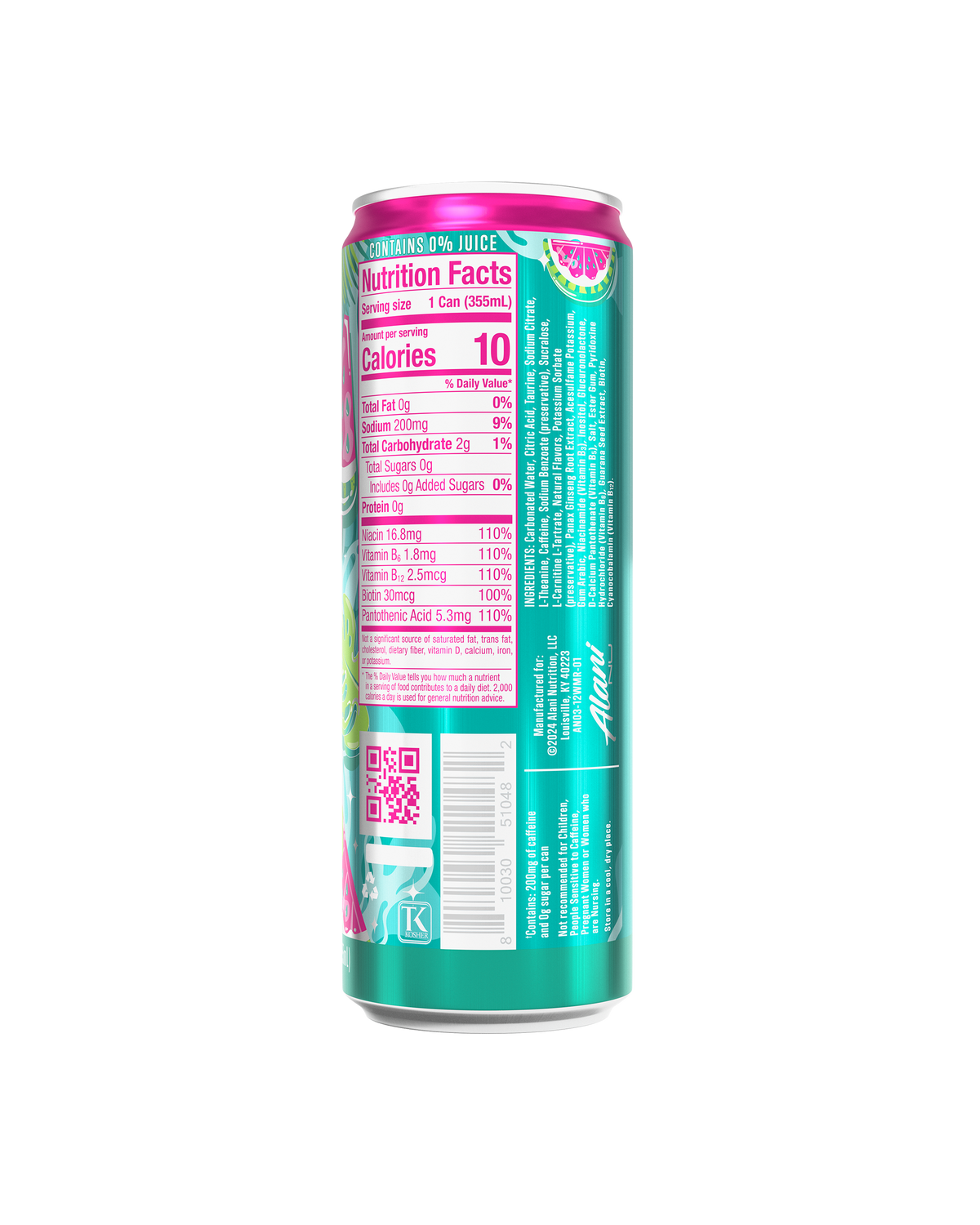 A back-facing view of a Watermelon Wave Energy Drink can with a seafoam green design, nutrition panel, ingredients, and manufacturer information text.