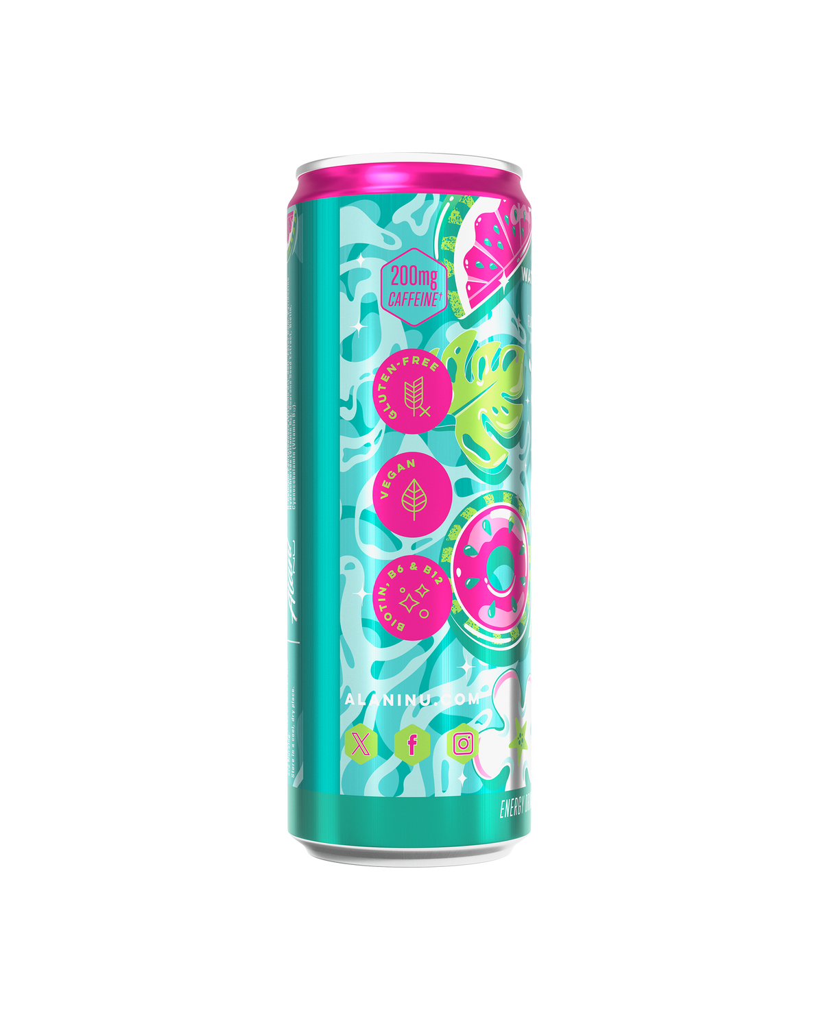 A side-facing view of a Watermelon Wave Energy Drink can with a seafoam green design, pink pool float graphics, and circular callout graphics showcasing featured functional benefits and social media handles.