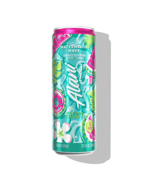 A front-facing view of a Watermelon Wave Energy Drink can featuring a seafoam green color in a wave design, watermelon slice pool floats, and flowers along with a vertical Alani Nu logo.