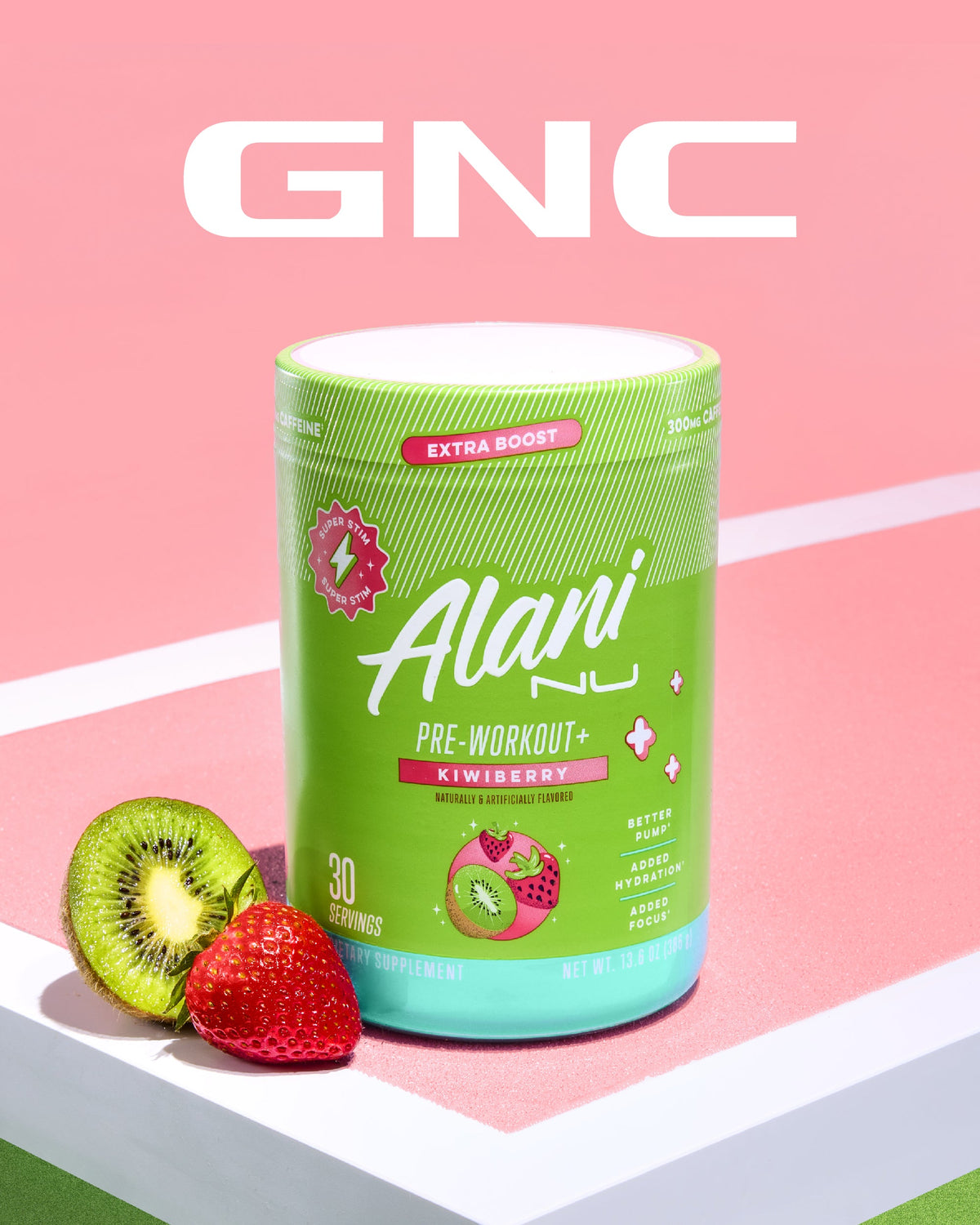 GNC logo showcasing where you can find Pre-Workout+-Kiwiberry in stores. 