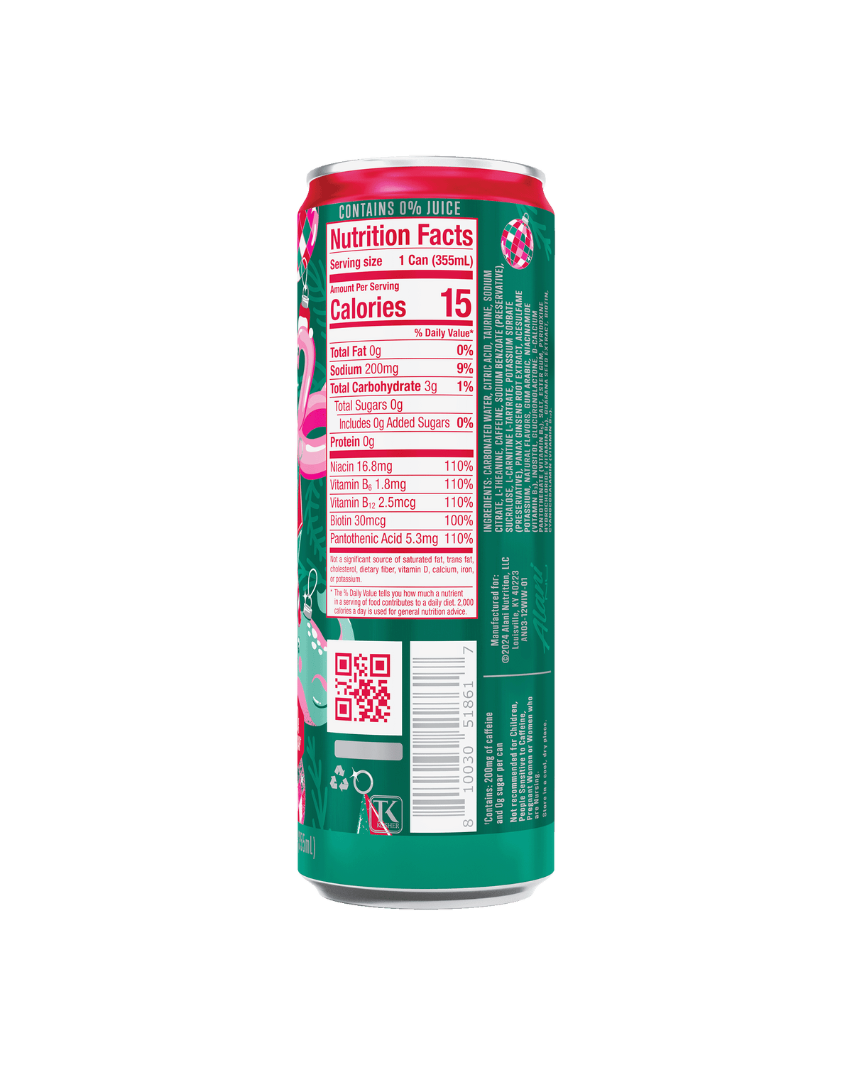 The back view of an Alani Nu Winter Wonderland can, highlighting nutrition facts.  