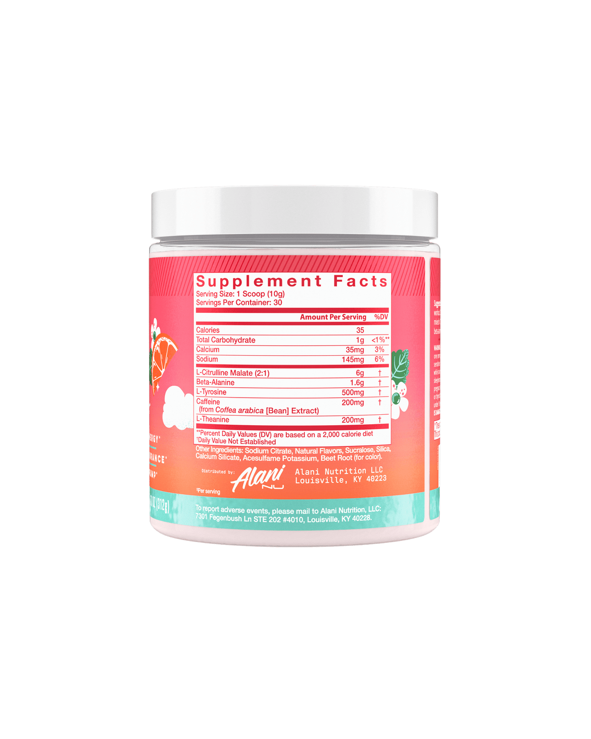 The back view of a 35-calorie Strawberry Sunrise Pre-Workout tub, highlighting nutrition facts and ingredients. 