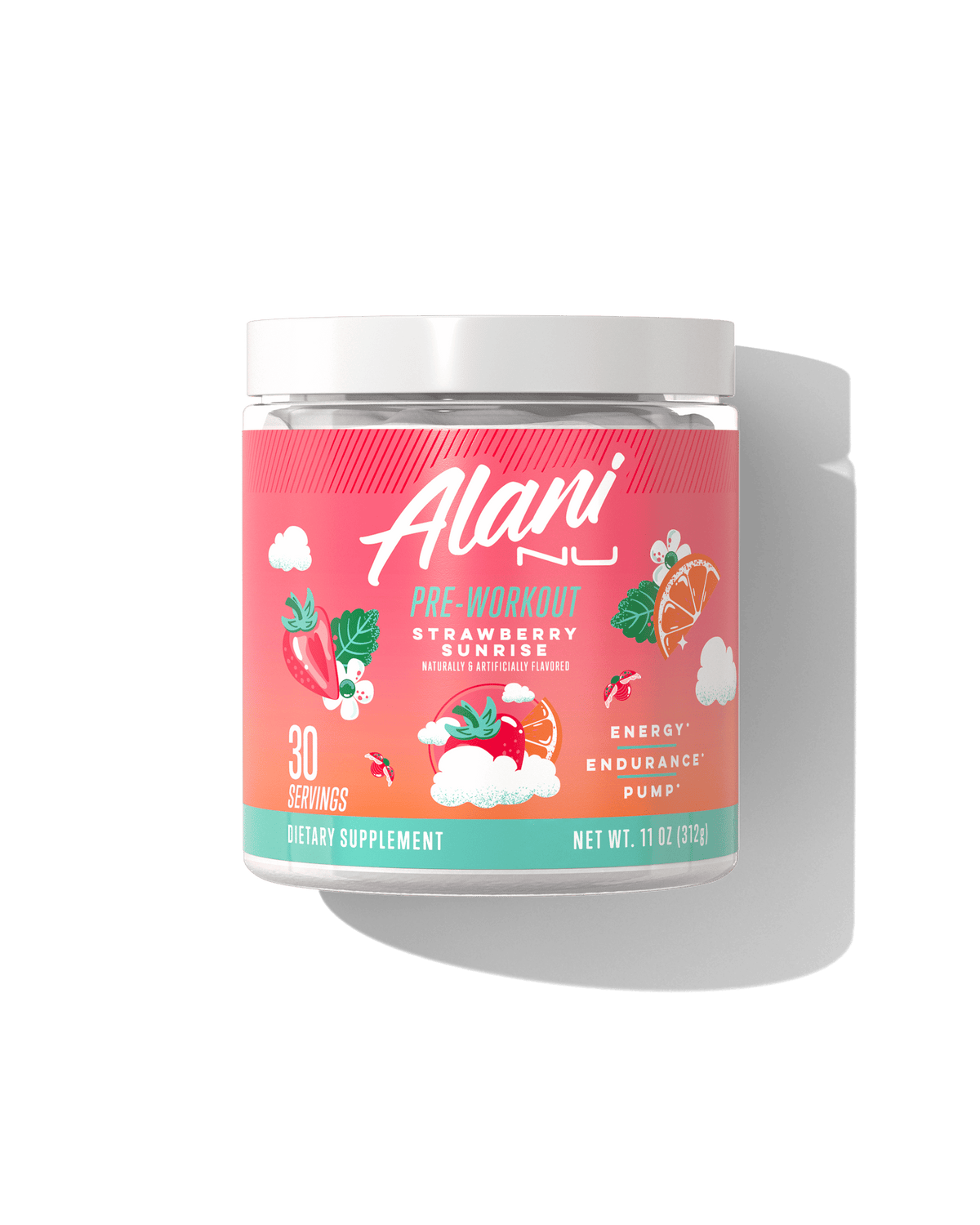 The front view of a 30-serve tub of Alani Nu Strawberry Sunrise Pre-Workout, naturally and artificially flavored and made to support energy, endurance, and pump. 