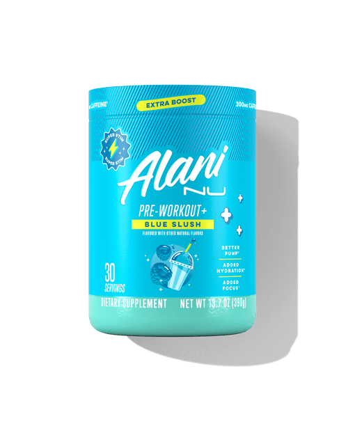 The front view of a 30-serve tub of Alani Nu Blue Slush Pre-Workout+, flavored with other natural flavors and made to support better pump, added hydration, and added focus. 