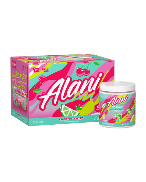 The front view of an Alani Nu Cherry Twist Energy Drink can and Pre-		Workout tub.  