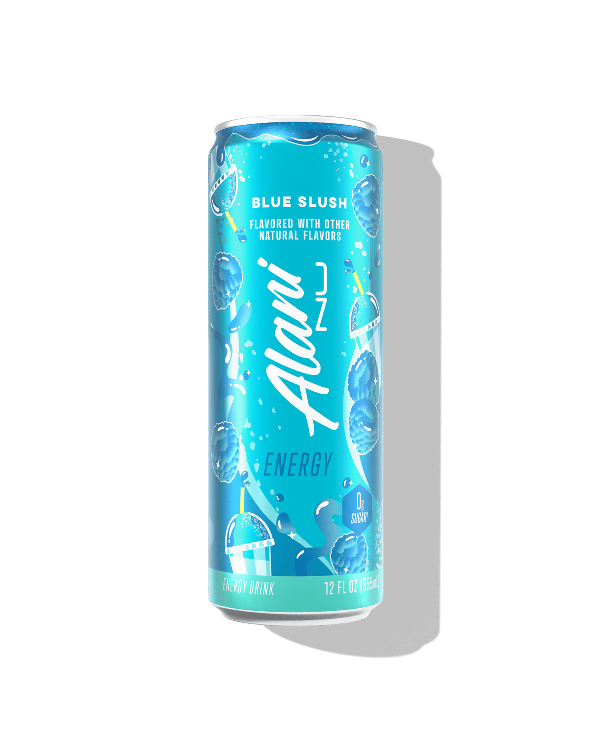 The front view of a sugar-free 12oz can of Blue Slush Alani Nu Energy, flavored with other natural flavors. 